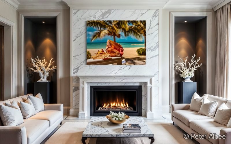 Palm Sunset printed as canvas art, hung in a luxury living room — room mockup